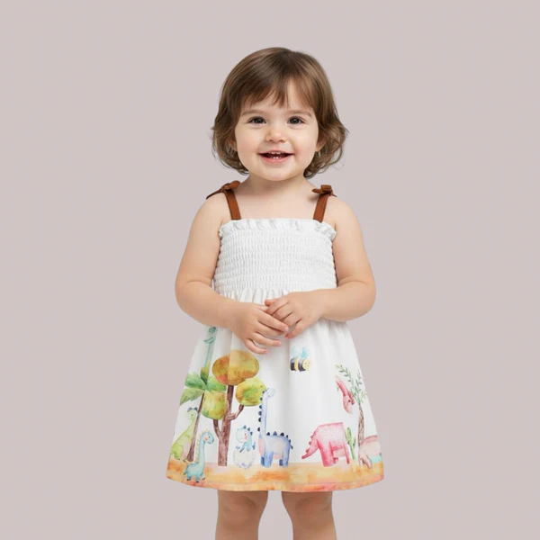 Color Full Animal Stylish White Digital printed Baby Girls Dress, Daily wear Frocks
