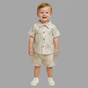 New Leaf Print Shirt & Shorts Set for Kids | Unisex Rayon Co-Ord Summer Cotton Outfit | Regular Fit Casual Wear Clothing for Baby & Toddler Boys