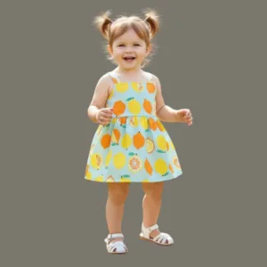 New Orange Yellow Lemon Print Baby Frock, Light Color Frock, Daily Wear, Digital Print